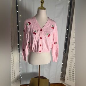 Pink Cherry Embroidered Cropped Cardigan Sweater Women’s Small Retro Cute